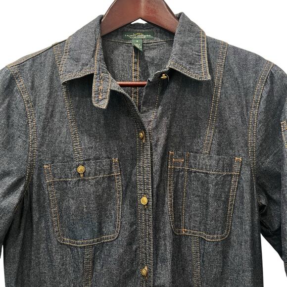 Ralph Lauren LRL Lauren Jeans Blue Denim Dress Military Size 8 Midi Short Sleeve - Picture 3 of 12